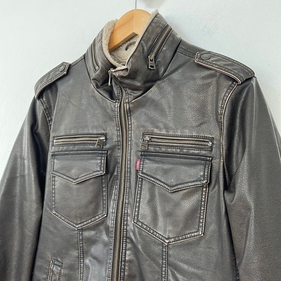 Levi’s Faux Leather Sherpa Lined Aviator Bomber Jacket Size M Brown Faux Leather - Picture 5 of 10